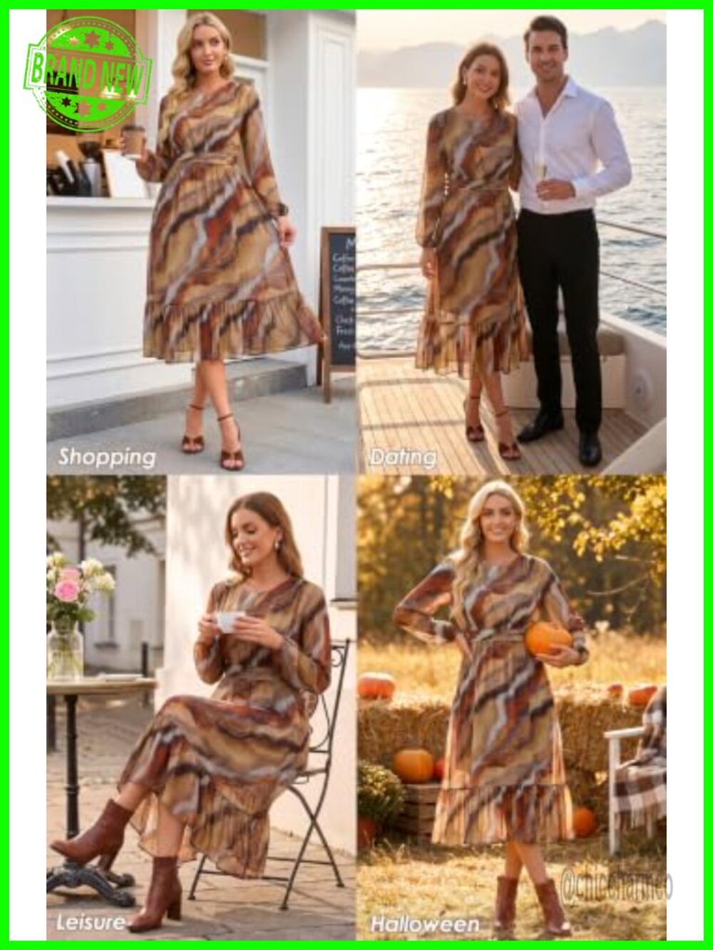 Women's Puff Sleeve Ruched Waist Flowy Midi Dress Wedding Guest - Picture 3 of 5